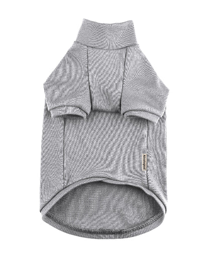 A gray cotton sweater designed for a pet is shown on a white background