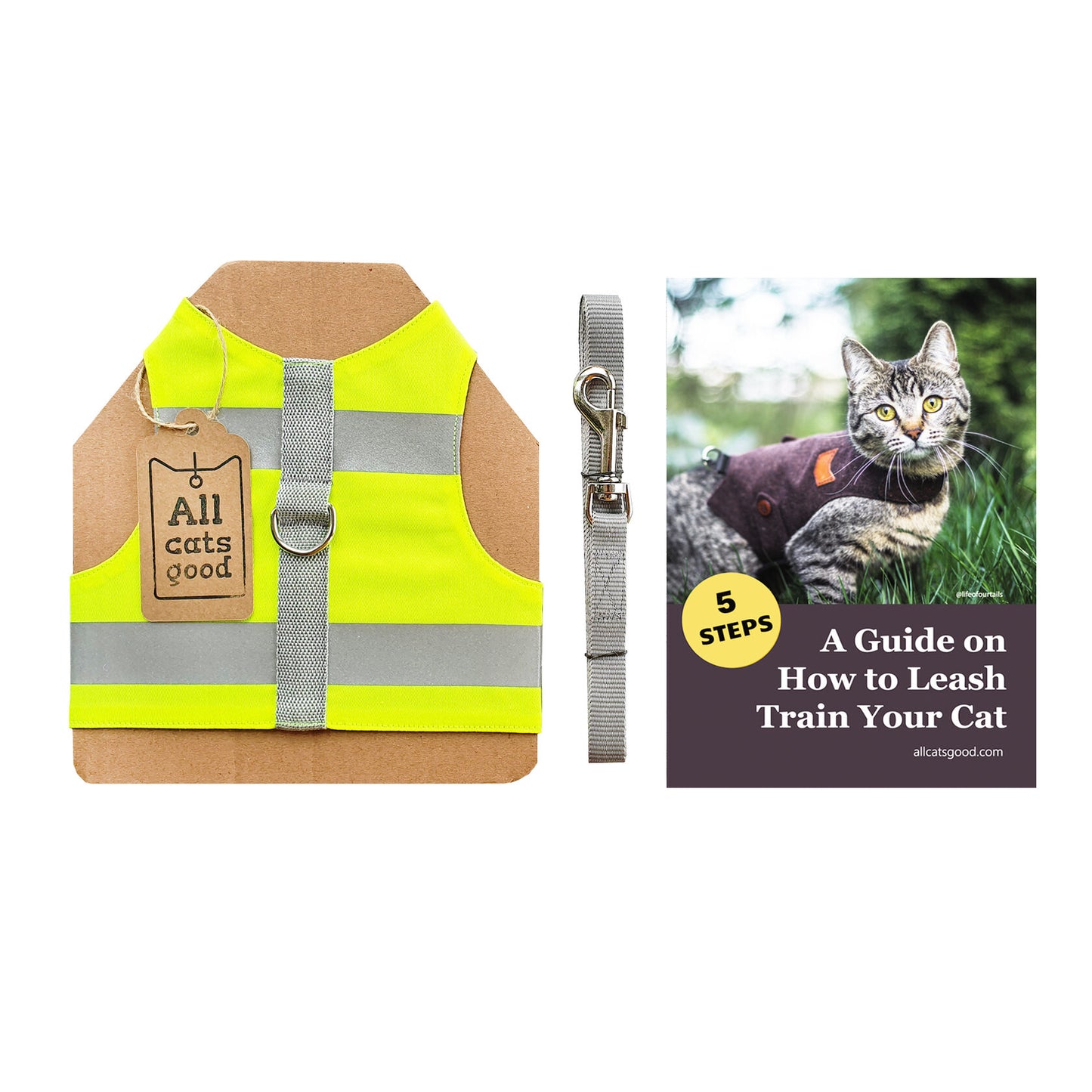 Starter kit for cat. Cotton High Visibility Neon Yellow harness with reflective stripes and 6 feet leash.