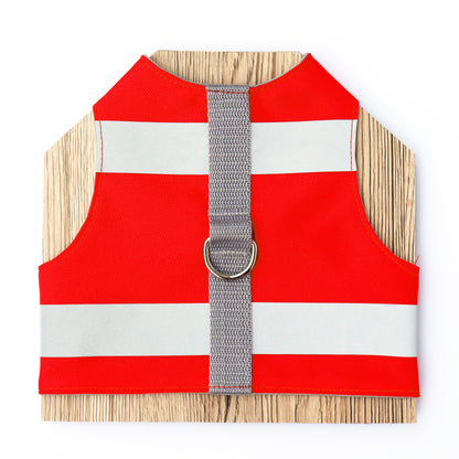 A bright red water-repellent cat harness with horizontal reflective silver stripes and a grey vertical strap with a silver D-ring.