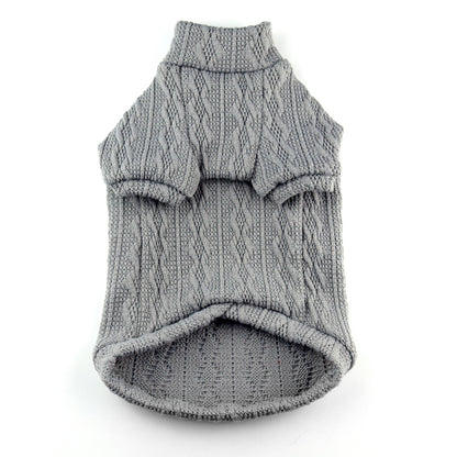 Gray cable-knit sweater for a cat with a high ribbed turtleneck, short sleeves